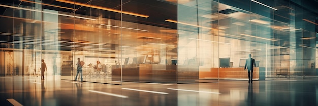 Photo intérieur de bureau contemporain avec des hommes d'affaires floues qui se précipitent