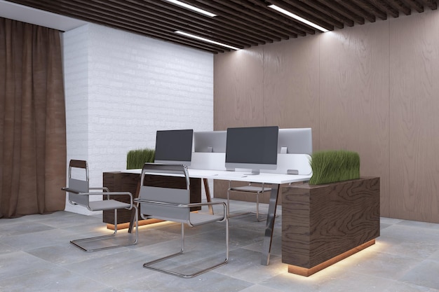 Intérieur de bureau de coworking beige propre avec meubles et cloisons végétales rendu 3D