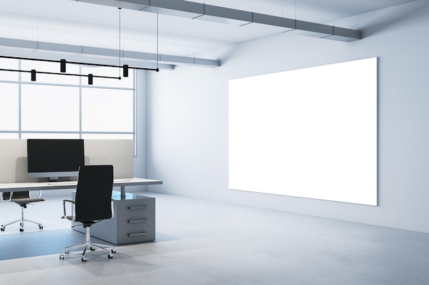 Intérieur de bureau de coworking en béton moderne avec bannière maquette blanche vierge sur les fenêtres panoramiques murales et mobilier et équipement à la lumière du jour Rendu 3D