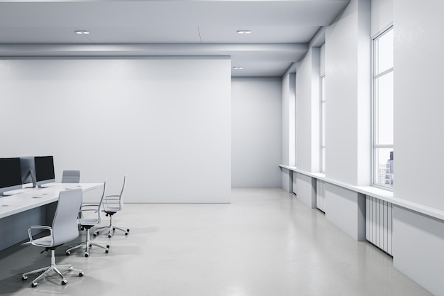 Intérieur de bureau de coworking en béton moderne avec maquette vierge sur l'équipement de mobilier mural et fenêtre avec rendu 3D à la lumière du jour