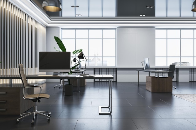 Intérieur de bureau de coworking en bois et béton clair avec fenêtre et mobilier et équipement vue sur la ville Rendu 3D