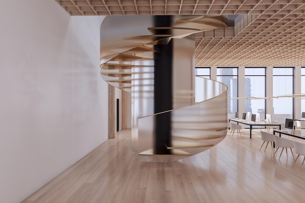 Intérieur de bureau de coworking en bois contemporain avec fenêtre et mobilier de ville et escalier en colimaçon Rendu 3D