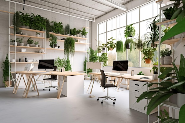 Intérieur de bureau de coworking contemporain avec ordinateurs et plantes Concept de lieu de travail AI générative