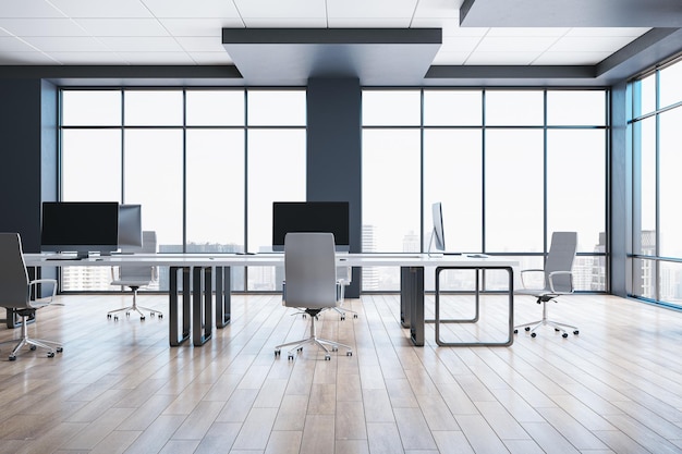 Intérieur de bureau de coworking minimaliste contemporain avec parquet et fenêtres panoramiques avec vue sur la ville Rendu 3D