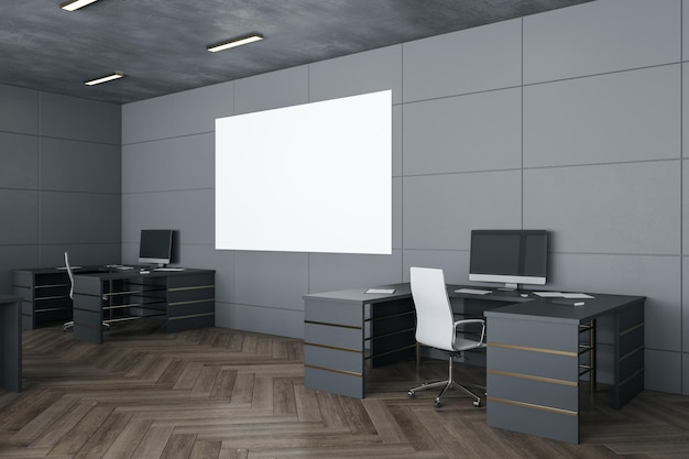 Intérieur de bureau de coworking moderne avec mobilier et affiche vierge sur le mur Concept de lieu de travail rendu 3D