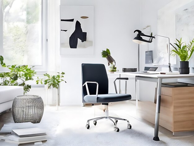 Intérieur de bureau à domicile scandinave à l'aide du fauteuil de travail