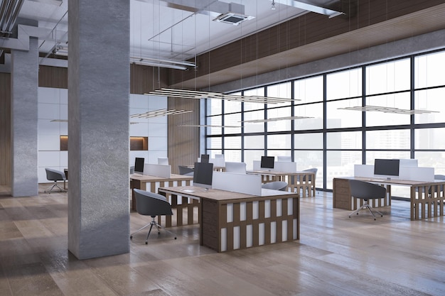 Intérieur de bureau d'entrepôt contemporain avec fenêtre et vue sur la ville meubles planchers en bois et colonnes 3D Rendering