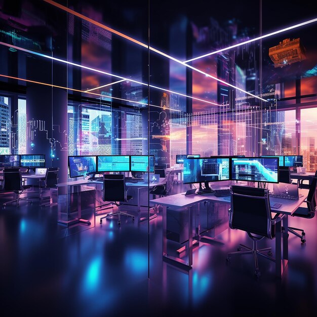 intérieur de bureau d'espace ouvert pour le cyberpunk