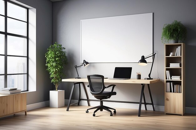 Intérieur de bureau avec maquette d'affiche sur le mur lieu de travail rendu 3D