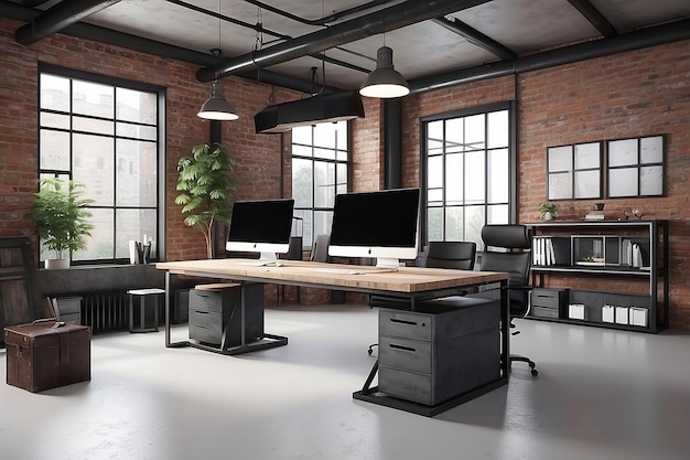 Intérieur de bureau moderne dans un rendu 3D de style industriel loft