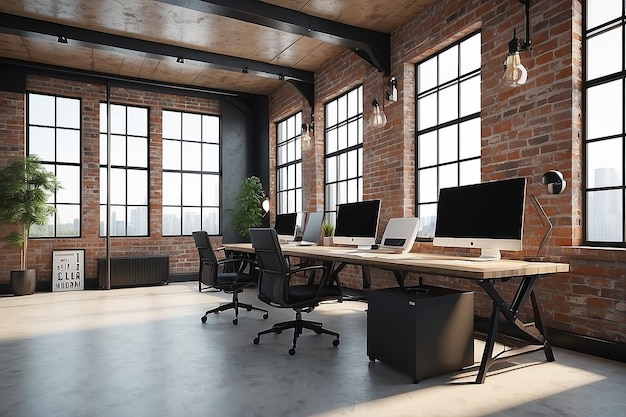 Intérieur de bureau moderne dans un rendu 3D de style industriel loft