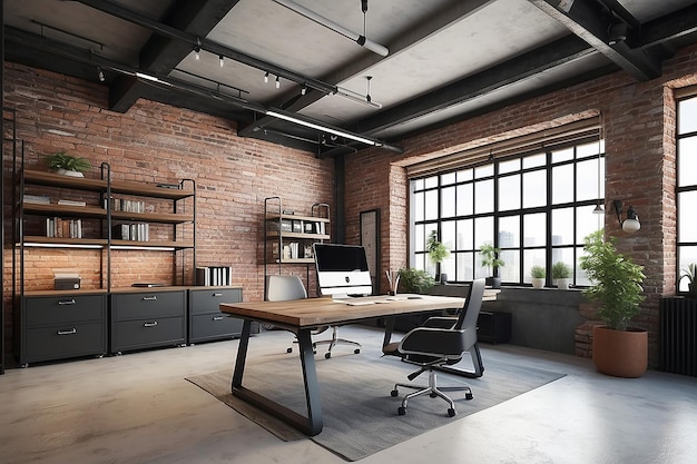 Intérieur de bureau moderne dans un rendu 3D de style industriel loft