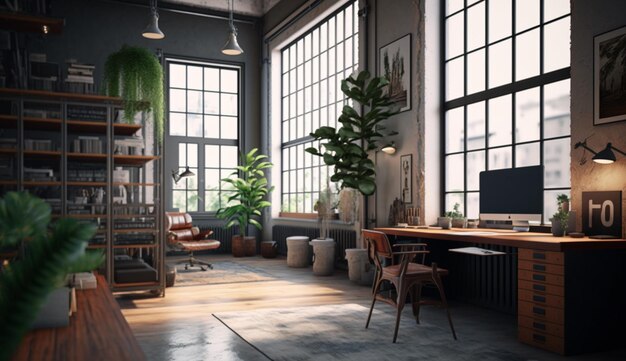 Intérieur de bureau moderne dans le style industriel loft 4k UH Generative Ai