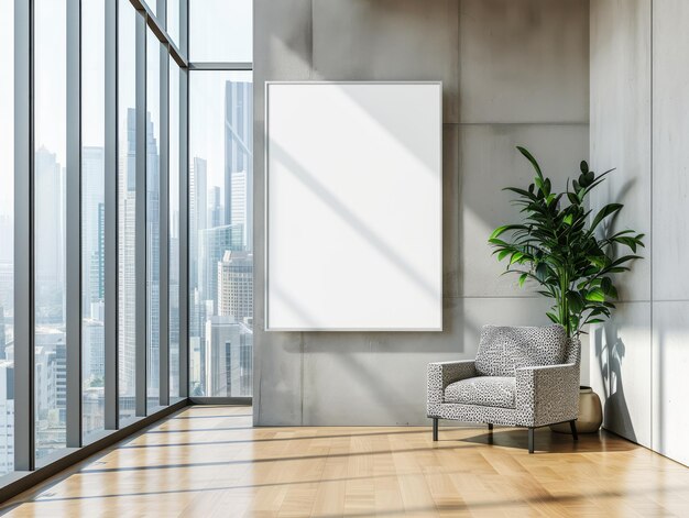 Intérieur de bureau moderne avec un grand cadre d'affiche blanc sur le mur un fauteuil à motifs et une vue sur le paysage urbain à travers des fenêtres au sol et au plafond Ai génératif