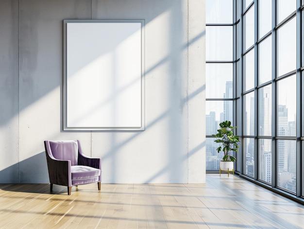 Un intérieur de bureau moderne avec une grande affiche blanche sur le mur une chaise violette fenêtres au sol et au plafond et une plante Ai générative