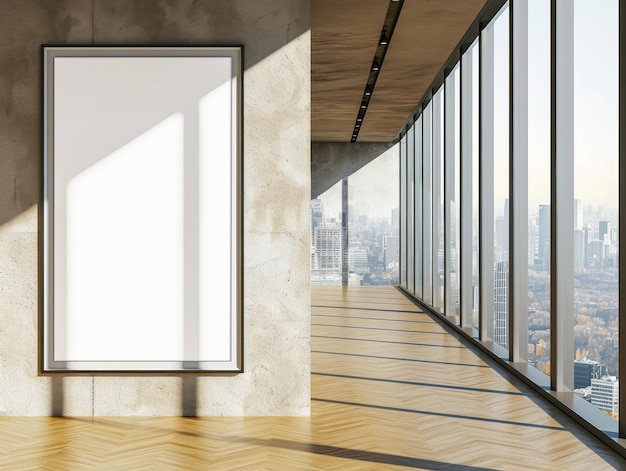 Un intérieur de bureau moderne avec une grande affiche blanche sur le mur, des fenêtres au sol et au plafond révélant un paysage urbain et un plancher en bois.