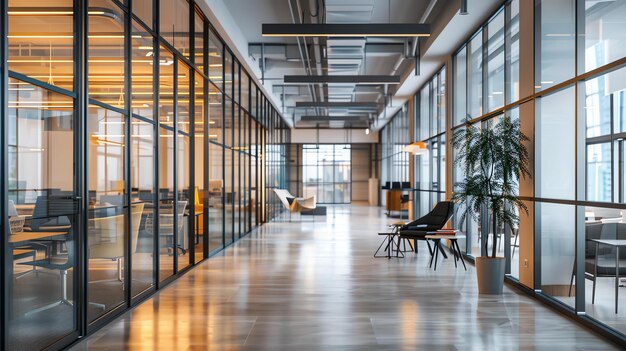 Un intérieur de bureau moderne avec des murs en verre et un sol en carreaux