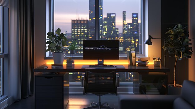 Intérieur de bureau moderne avec ordinateur et équipement avec vue sur la ville