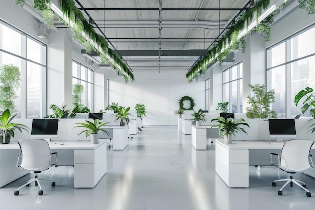 Intérieur de bureau moderne avec des plantes vertes, des bureaux et des ordinateurs, une pièce vide avec un design blanc, un espace de table de travail d'affaires.