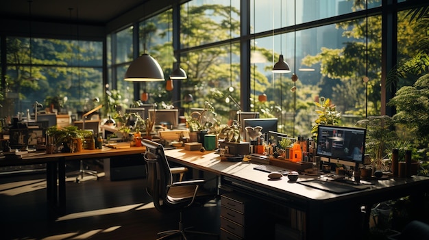 Intérieur de bureau moderne avec vue sur la ville et lumière du jour