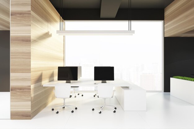 Intérieur de bureau noir et bois avec une fenêtre loft, un sol blanc et des tables blanches avec des ordinateurs dessus. maquette de rendu 3d