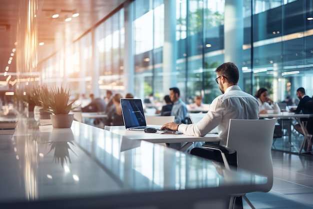 Photo intérieur de bureau ouvert moderne pour les entreprises ou les centres d'appels avec un fond flou