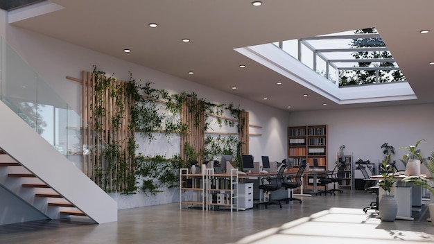 Intérieur de bureau à plafond ouvert avec mur blanc et beaucoup de plantes rendu 3d