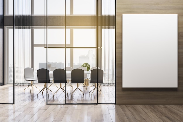 Intérieur de bureau de salle de réunion moderne en bois avec bannière blanche vide sur le mur table fauteuils fenêtre avec vue sur la ville et lumière du jour lieu de travail et droit et concept juridique 3D Rendering