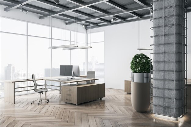 Intérieur de bureau spacieux avec fenêtre panoramique et mobilier et équipement lumineux avec vue sur la ville en journée, rendu 3D