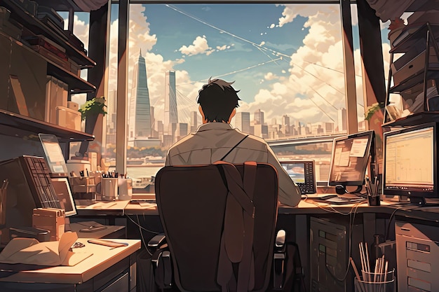 Intérieur de bureau de style anime Illustration de lieu de travail créatif et coloré