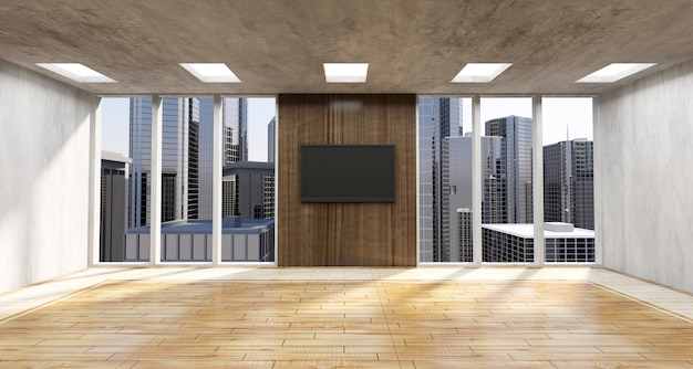 Intérieur de bureau vide moderne avec de grandes fenêtres et vue sur la ville derrière