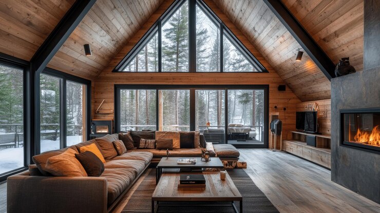 Photo intérieur de cabine moderne avec de grandes fenêtres surplombant la forêt