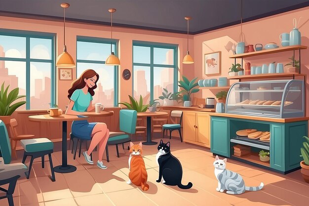 Photo intérieur de café adapté aux chiens et aux chats avec meubles et équipement femmes de dessins animés avec animaux de compagnie