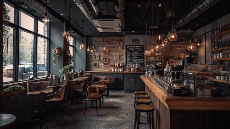 Photo l'intérieur d'un café avec un bar en bois et des tables et des chaises en bois.