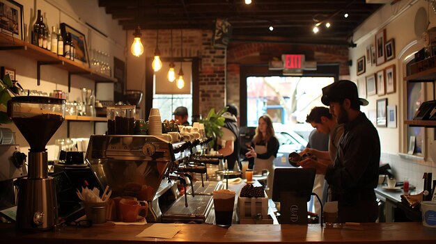 L'intérieur d'un café avec un barista au comptoir faisant des boissons au café