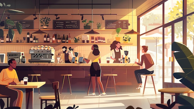 L'intérieur d'un café avec des clients et des baristas Un barista fait du café pour un client