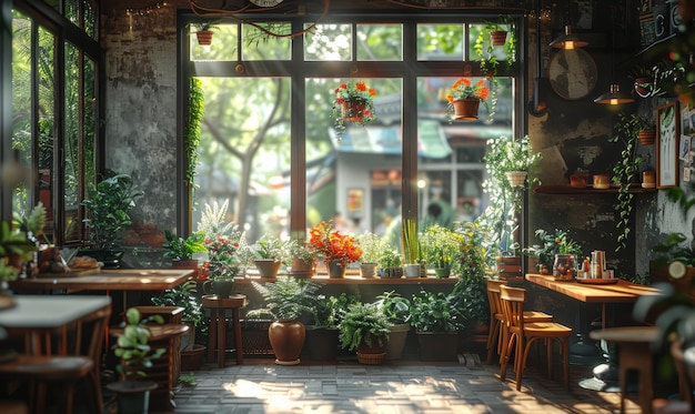 L'intérieur d'un café confortable avec une belle vue sur le jardin