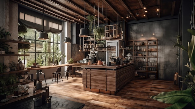 Intérieur de café décoré de bois et de plantes naturelles