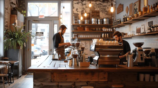 Photo l'intérieur d'un café avec deux baristas travaillant un barista utilise le broyeur à café tandis que l'autre fait cuire du lait à la vapeur pour un cappuccino