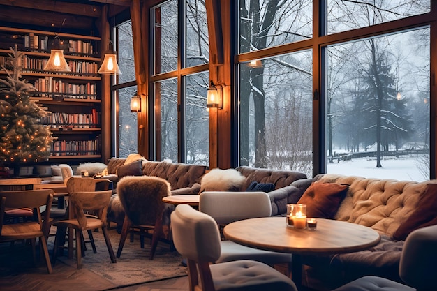 Photo intérieur de café d'hiver confortable avec une belle vue