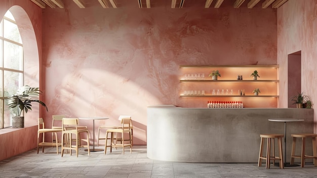 L'intérieur d'un café de luxe avec des murs roses, un sol en béton, des tables rondes en bois et des chaises de bar.
