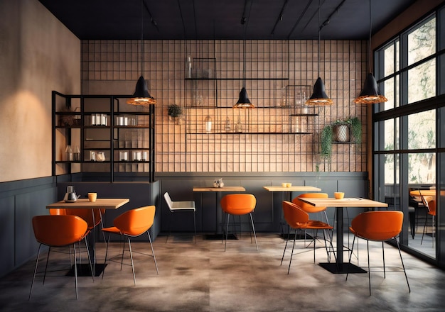 Intérieur de café moderne avec chaises grises et orange