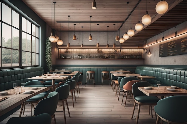 Intérieur d'un café moderne avec des murs bleus et un sol en bois