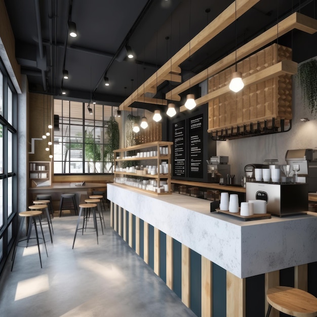 Intérieur de café moderne de style loft à la mode avec tables de comptoir en bois et tabourets grand panoramique