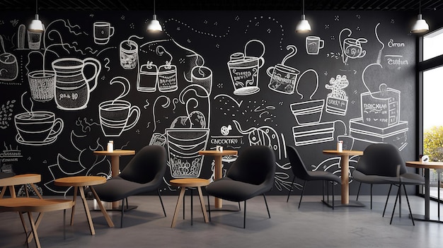 Intérieur d'un café avec une peinture murale frappante sur l'un des murs Generative AI