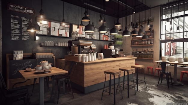 Intérieur d'un café de style loft moderne décoré de murs avec des étagères ouvertes en bois onglet de comptoir de bar