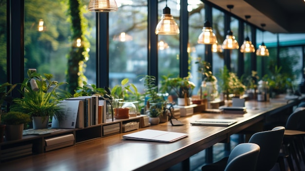 Intérieur d'un café avec des tables, des chaises et des plantes Design moderne du restaurant
