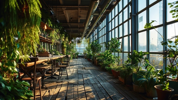 intérieur d'un café avec des tables et des chaises près des fenêtres dans le gratte-ciel de la ville