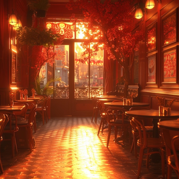 L'intérieur d'un café traditionnel orné de la lumière du soleil de l'après-midi qui brille à travers de grandes fenêtres