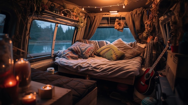 Intérieur d'un camping-car confortable garé dans un endroit magnifique